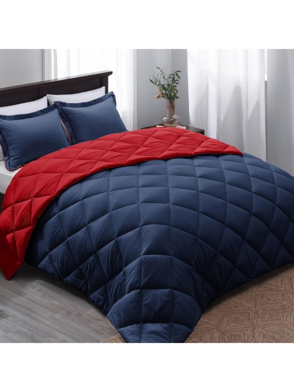 Reversible Twin Comforter Set - Navy/Red All-Season Bedding with Pillow Sham